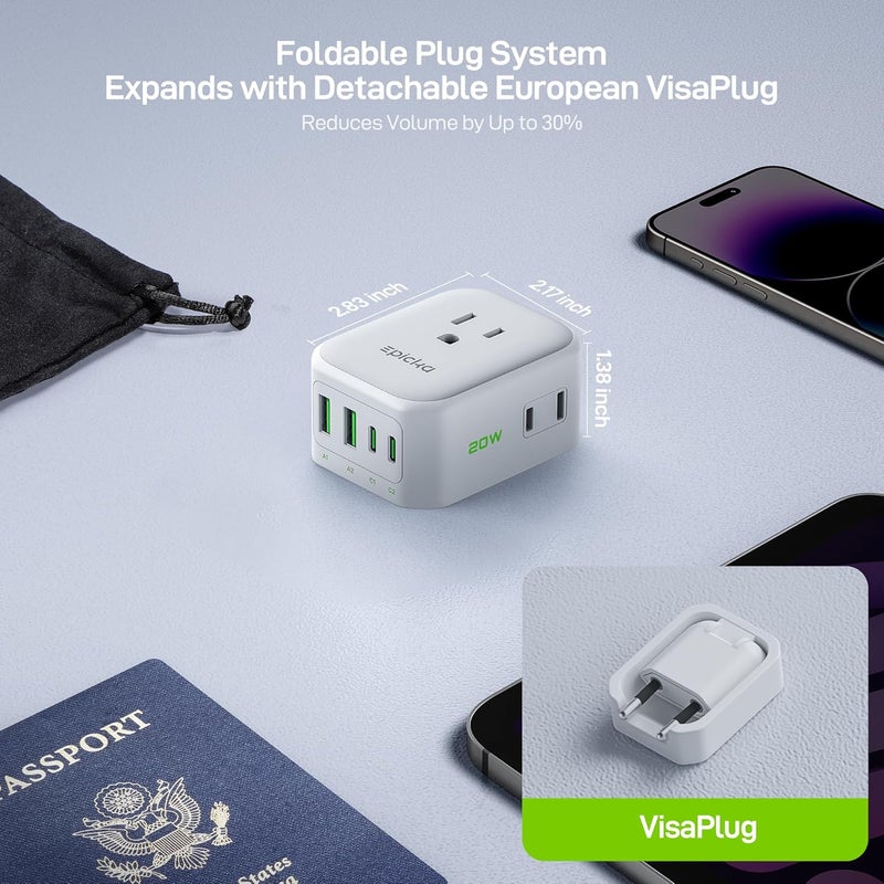 EPICKA Hybrid European Travel Plug Adapter, 2 Packs Foldable & Detachable Type C (EU) VisaPlug, 8-IN-1 International Power Adapter with 4 USB Ports (2 USB-C PD 20W), Travel Essentials for US to Europe - Image 5